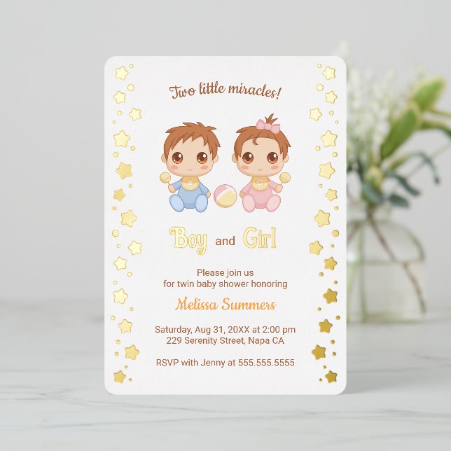 Invitation En Aluminium Twins Boy Girl Baby Shower (Debout devant)