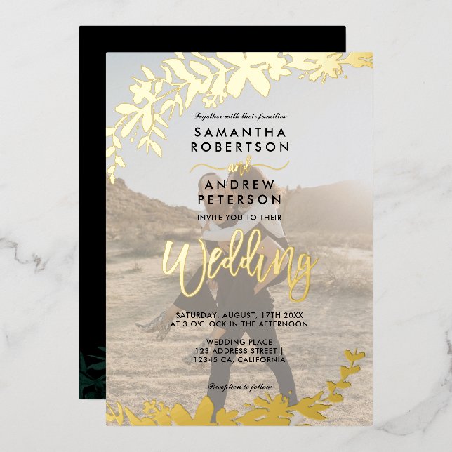 Invitation En Aluminium Typographie écriture or chic mariage photo floral (Recto/Verso)