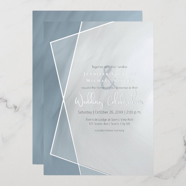 Invitation En Aluminium typographie géométrique bleu poussiéreux mariage a (Recto/Verso)