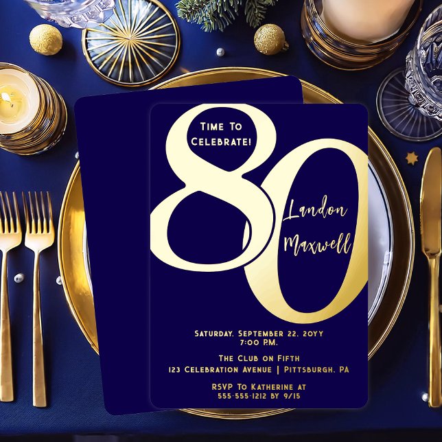 Invitation En Aluminium Typographie minimaliste 80 80ème anniversaire (Elegant Minimalist Typography "80" 80th Birthday Party Dark Blue and Gold Foil Invitation)