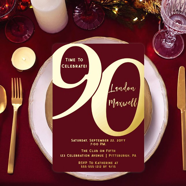 Invitation En Aluminium Typographie minimaliste 90 90ème anniversaire (Elegant Minimalist Typography "90" 90th Birthday Party Burgundy and Gold Foil Invitation)