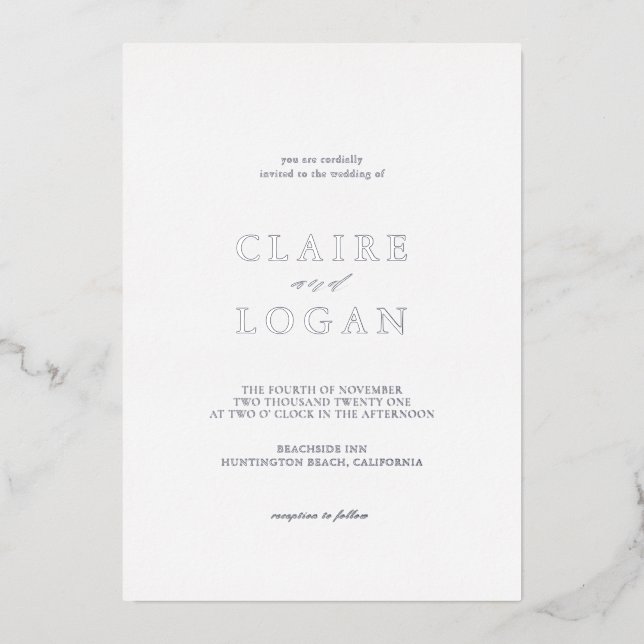 Invitation En Aluminium Typographie minimaliste Élégant Mariage blanc (Recto)