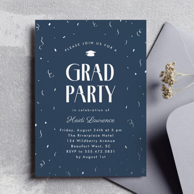 Invitation En Aluminium Typographie moderne Bleu et Silver Graduation Part (blue and silver foil graduation party invitation with modern typography)
