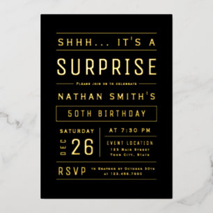 Invitation En Aluminium Typographie moderne noir et or Surprise Anniversai