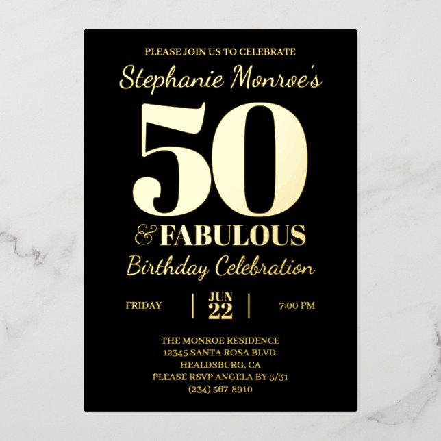 Invitation En Aluminium Typographie rétro 50 & Fabulous Black and Gold (Recto)
