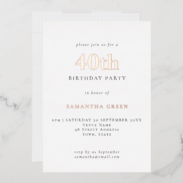 Invitation En Aluminium Typographie simple 40e anniversaire Rose or (Enveloppe)