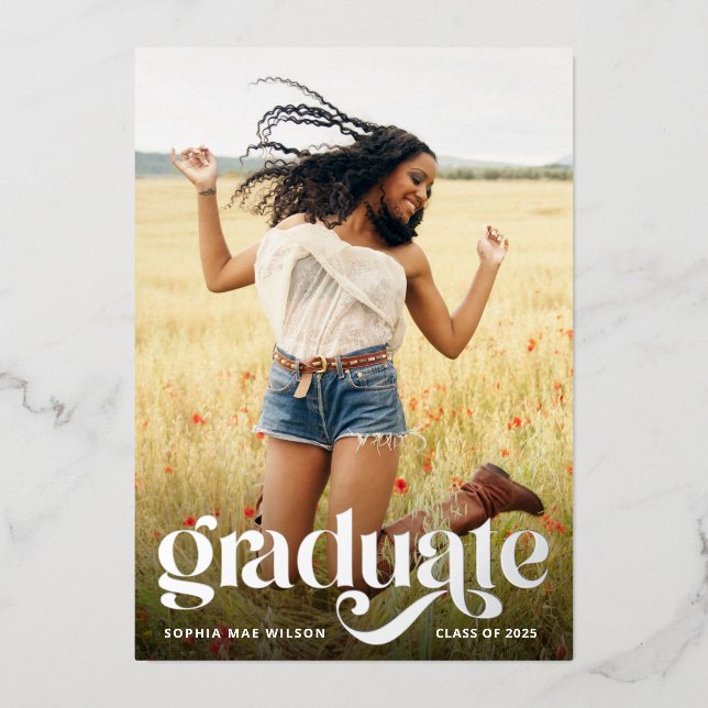 Invitation En Aluminium Typographie tendance Silver Foil Photo Grad Party (Recto)
