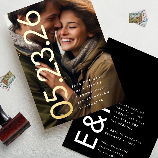 Invitation En Aluminium Ultra Modern Gold Photo Bold DATE Enregistrer notr (Créateur téléchargé)