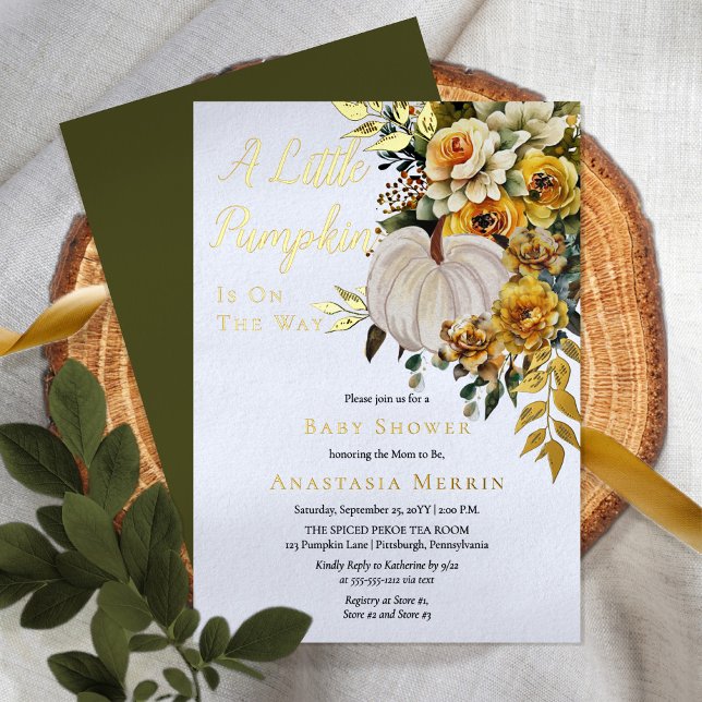 Invitation En Aluminium Un Baby shower Floral D'Or Une Récolte Un Peu Citr (Elegant gold foil "A Little Pumpkin" gender neutral Autumn Baby Shower Invitation)