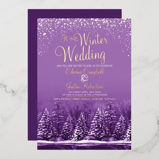 Invitation En Aluminium Un mariage d'hiver pinède lac violet art (Recto/Verso)