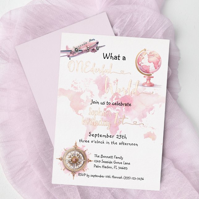 Invitation En Aluminium UN monde derful rose Voyage fille 1er anniversaire (Créateur téléchargé)
