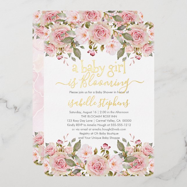 Invitation En Aluminium Une Petite Fille Fleurit Un Baby shower Floral Ros (Recto/Verso)