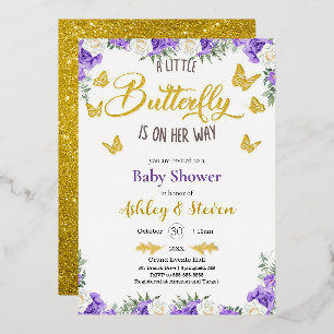 Invitation En Aluminium Une petite papillon est en route Baby Shower or