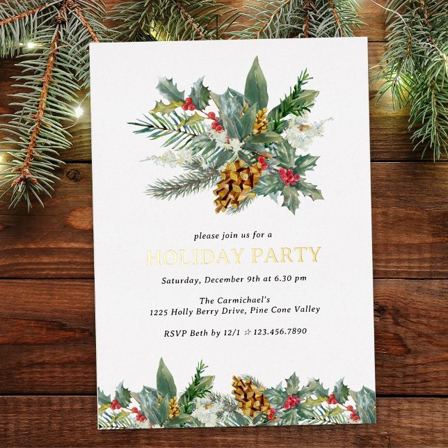 Invitation En Aluminium Vacances Holly et Pine Cone Bouquet Gold (Gold Foil Holiday Party invitation with holly and pine cones)