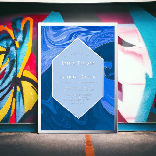 Invitation En Aluminium Vagues bleues minimes modernes Argent Mariage Abst (Créateur téléchargé)