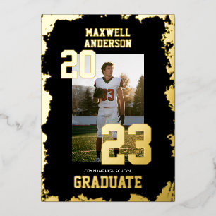 Invitation En Aluminium Varsity Black and Gold Sports Graduation Party