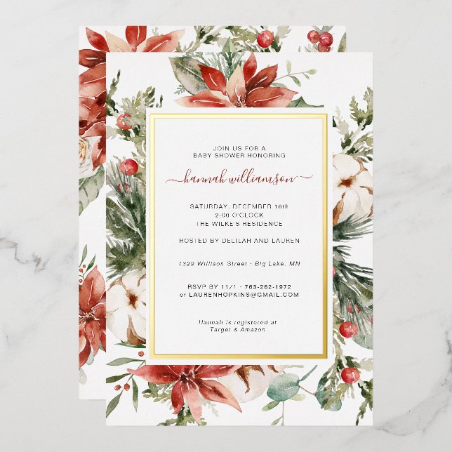 Invitation En Aluminium Végétation florale d'hiver | Baby shower de Noël (Recto/Verso)