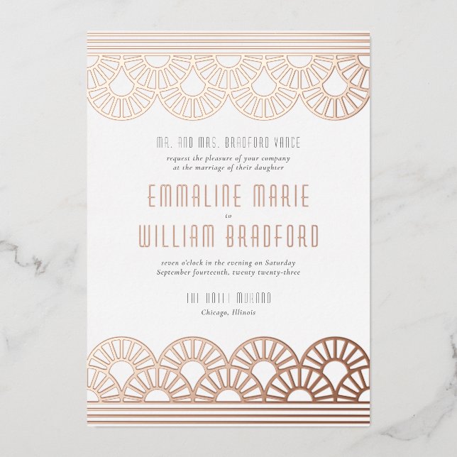 Invitation En Aluminium Ventilateur Mariage Art déco Rose blanche or (Recto)