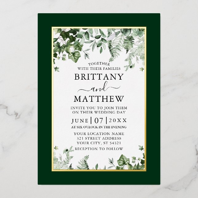 Invitation En Aluminium Verdure botanique mariage Ivy Sage Ferns Or (Recto)