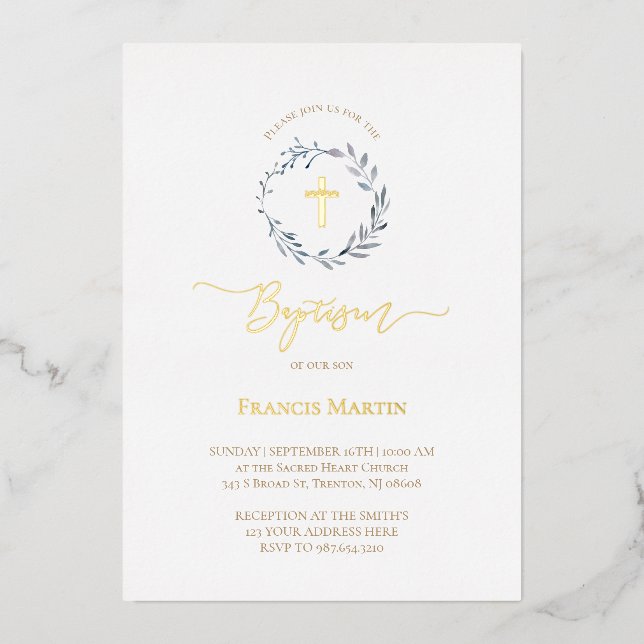 Invitation En Aluminium verdure de couronne bleu poussiéreux Baptême (Recto)