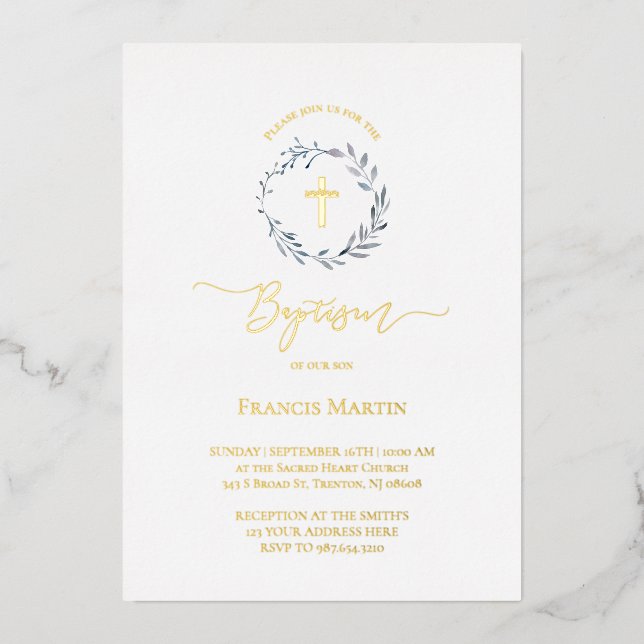 Invitation En Aluminium verdure de couronne bleu poussiéreux Baptême argen (Recto)