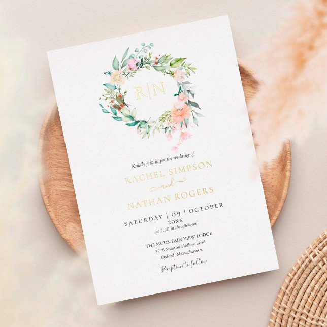 Invitation En Aluminium Verdure rose Floral Mariage Monogramme Or (Créateur téléchargé)
