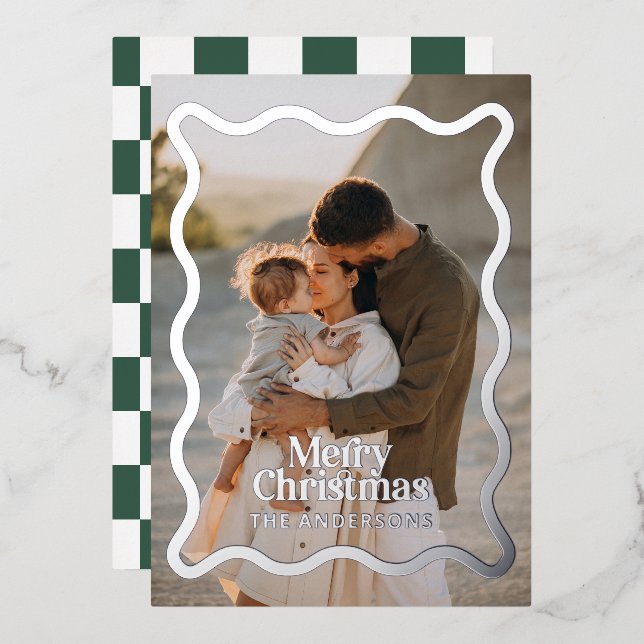 Invitation En Aluminium Vérification de bord ondulé moderne photo verte No (Recto/Verso)