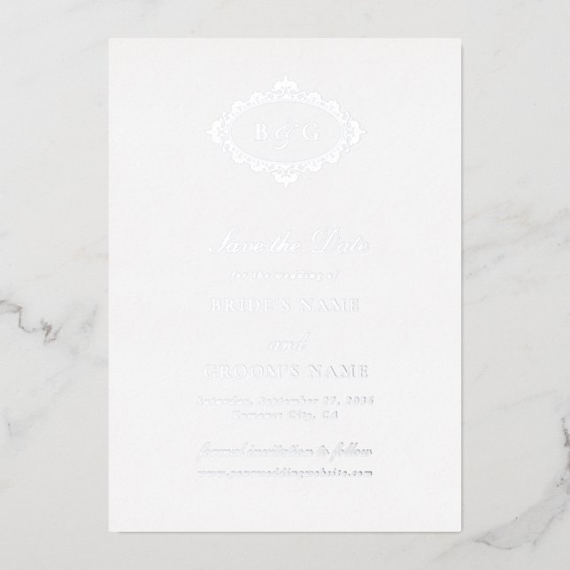 Invitation En Aluminium Véritable Argent Foil Mariage blanc Enregistrer la (Recto)