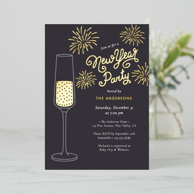 Invitation En Aluminium Véritable fête du Nouvel An avec feux d'artifice e (Debout devant)