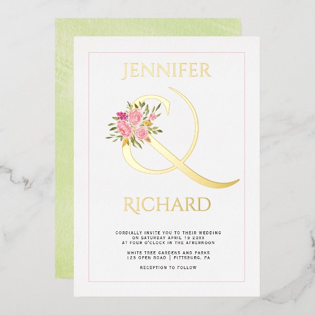 Invitation En Aluminium Véritable feuille d'or ampersand rose roses mariag (Recto/Verso)