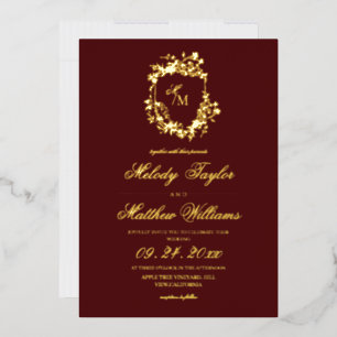 Invitation En Aluminium Véritable feuille d'or et mariage floral bordeaux