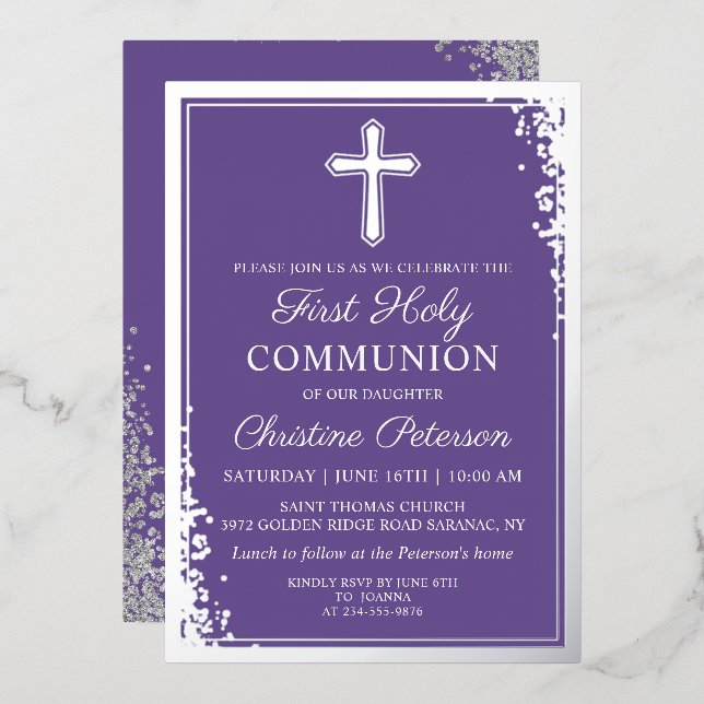 Invitation En Aluminium Véritable Foil Lavande Purple Première Communion (Recto/Verso)