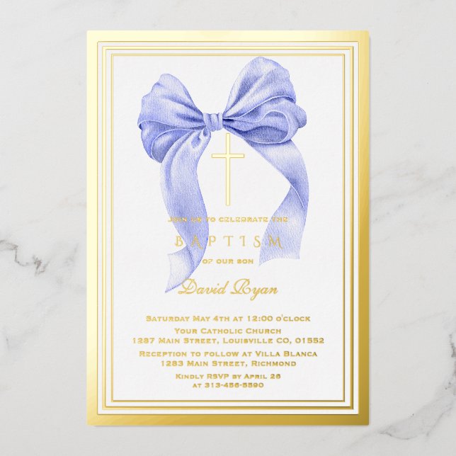 Invitation En Aluminium Véritable Foil Moderne Gold Blue Bow Boy Baptême (Recto)