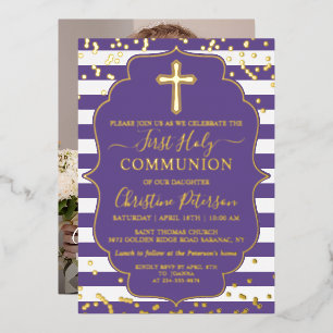 Invitation En Aluminium Véritable Foil Photo Gold Purple Stripe Première c