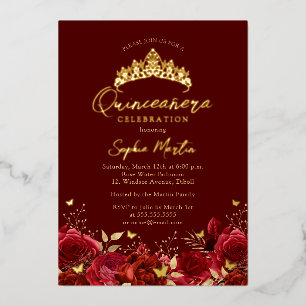 Invitation En Aluminium Véritable Foil Rouge Floral Papillon Tiara Quincea