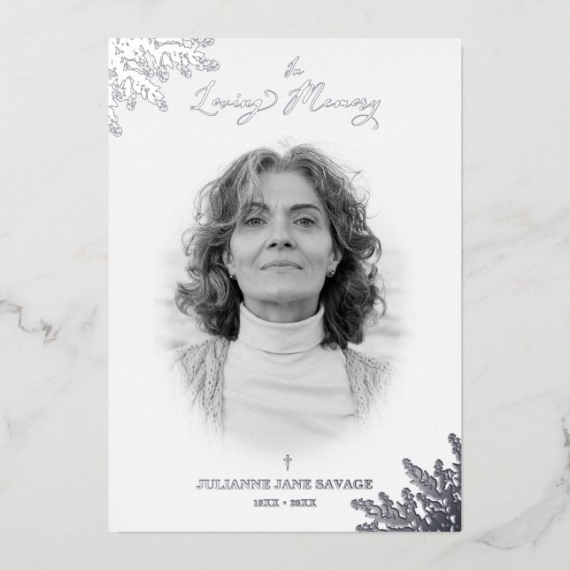 Invitation En Aluminium Véritable funérailles d'argent Noir Blanc photo so (Recto)