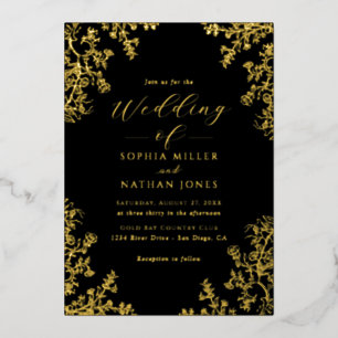 Invitation En Aluminium Véritable Gold Foil Black Floral Mariage Script de