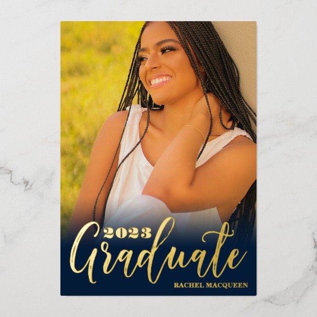 Invitation En Aluminium Véritable Gold Navy Blue Trois Photo Graduation Pa (Recto)