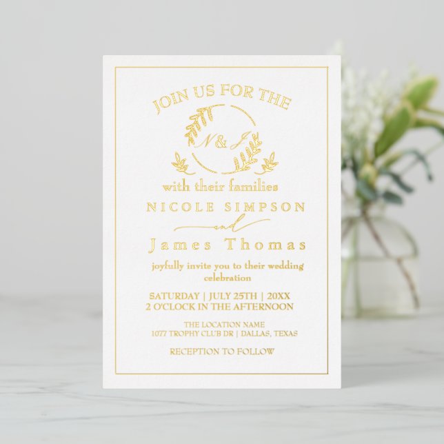 Invitation En Aluminium Véritable huile d'or Élégant Feuille monogramme de (Debout devant)
