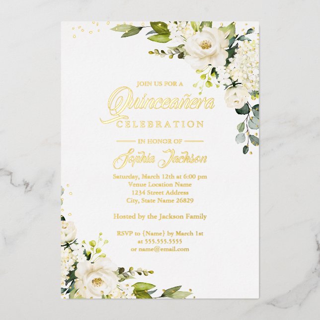 Invitation En Aluminium VÉRITABLE HUILE D'OR Floral Quinceanera (Recto)