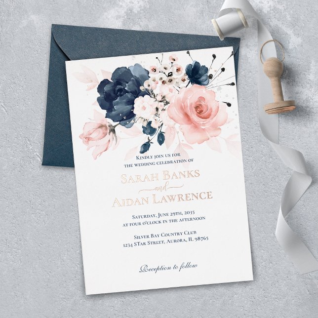 Invitation En Aluminium Véritable mariage floral bleu et rose pâle (Créateur téléchargé)
