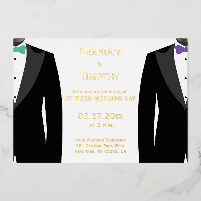 Invitation En Aluminium Véritable Mariage Gay Gold Foil Vert Et Violet Inv (Recto)