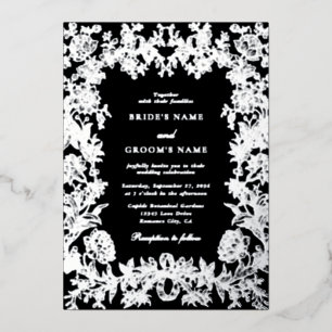 Invitation En Aluminium Véritable Mariage noir floral à huile d'argent