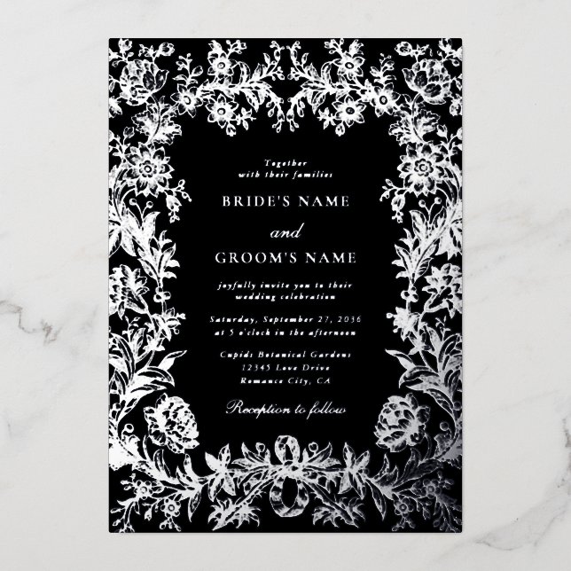 Invitation En Aluminium Véritable Mariage noir floral à huile d'argent (Recto)