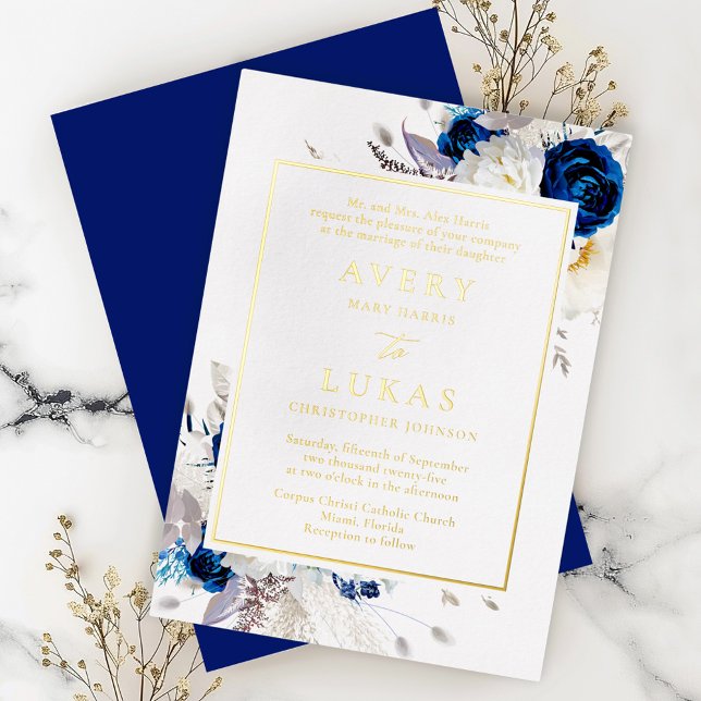 Invitation En Aluminium Véritable or Moderne Bleu Fleurs Mariage Foil (Créateur téléchargé)