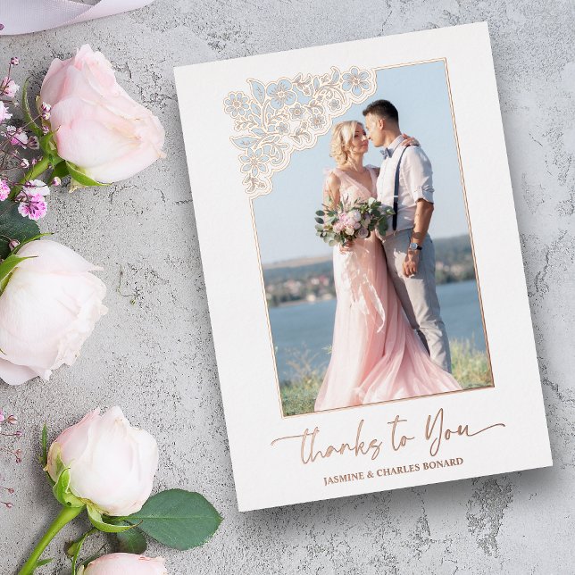 Invitation En Aluminium Véritable Rose Gold Floral Frame 2 Photos Merci Ci (Créateur téléchargé)