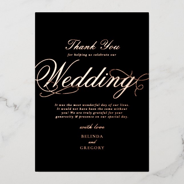 Invitation En Aluminium Véritable Rose Gold Foil Black Mariage Merci (Recto)