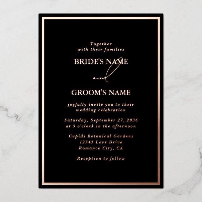 Invitation En Aluminium Véritable Rose Gold Foil Moderne Mariage noir (Recto)