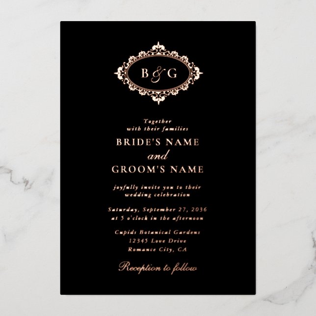 Invitation En Aluminium Véritable Rose Gold Foil Wreath Elegant Black Mari (Recto)