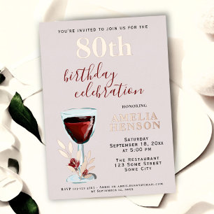 Invitation En Aluminium Verre à vin rouge rustique Rose botanique 80e anni